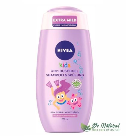 Gel de dus si sampon Nivea Kids, 3in1, pentru corp si par, cu aroma de fructe de padure, 250 ml